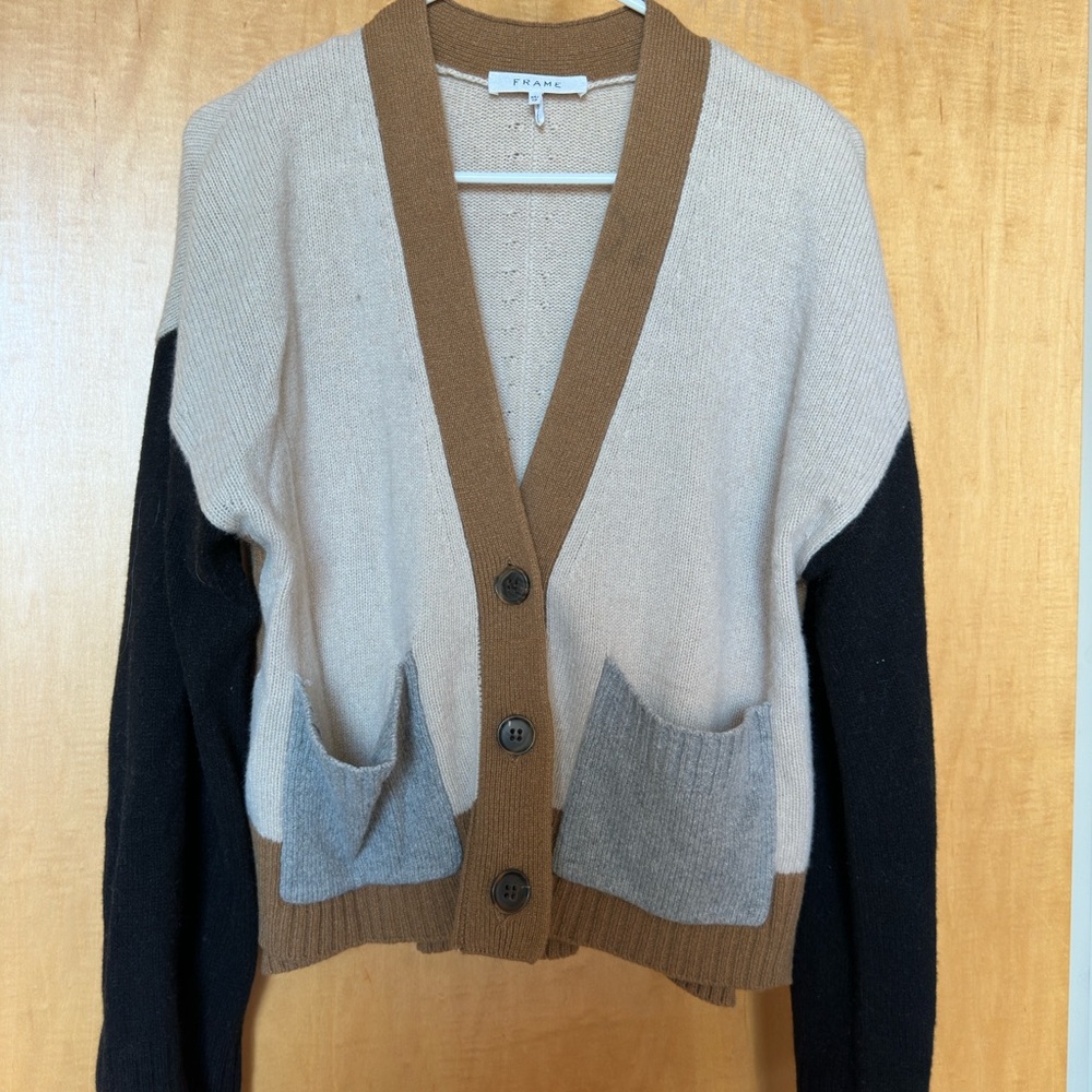 Frame Women's Multicolor Block Cardigan Sweater - Black, Brown, Gray